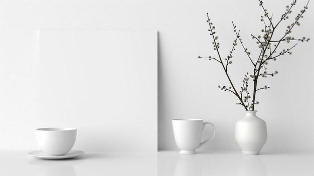 Photo elegant presentation of a clean mockup sheet ready for text white coffee cups and vase with twigs on a pure white background concept of minimalist style product showcase mockup design copy space