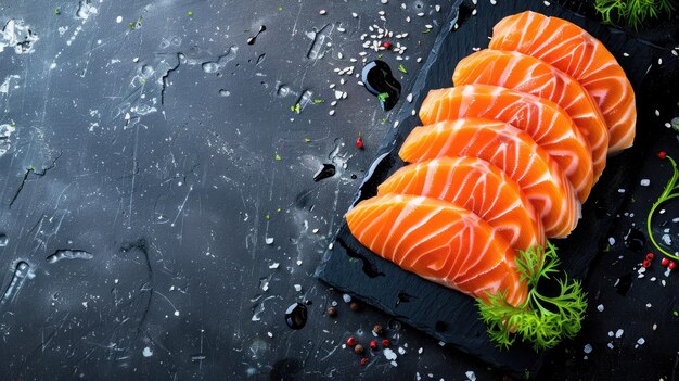 Photo elegant presentation of salmon sashimi on a dark background highlighting the freshness and sophistication of traditional asian cuisine