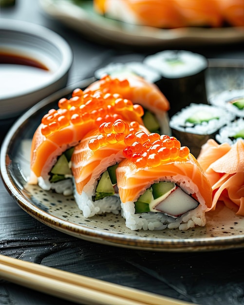 Elegant presentation of sushi rolls topped with fresh salmon black caviar and a mint leaf served on a stylish plate