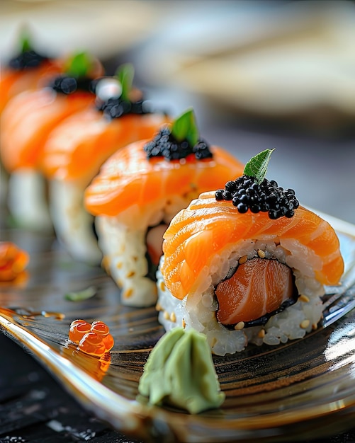 Elegant presentation of sushi rolls topped with fresh salmon black caviar and a mint leaf served on a stylish plate