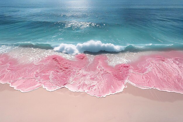 Elegant presenting a pink beach with white sand waves crashing on the shore aerial view minimalis