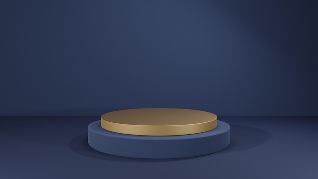 An elegant product podium in golden color in a dark blue room. 3D render.