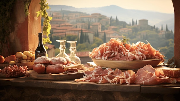 Elegant prosciutto display with a Tuscan vineyard