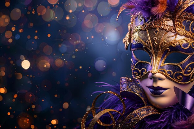 Photo elegant purple and gold masquerade mask with feathers against a sparkling background