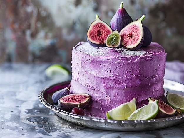 An elegant purple velvet cake with figs and lime slices