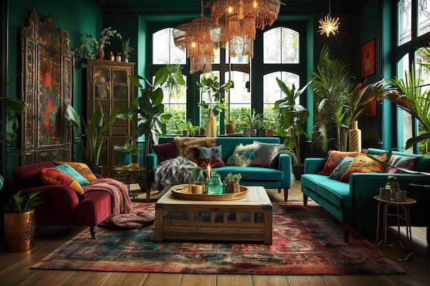 An elegant and quiet bohemian room with a cozy interior with green plants in a flower pot and green walls and an old window Generative AI illustration