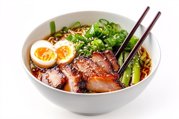 Photo elegant ramen bowl with tender pork belly and fresh ingredients