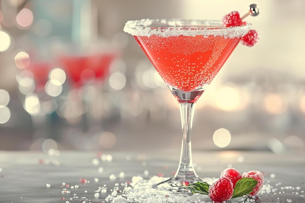 Elegant raspberry cocktail with sugar rim and fresh berries on a festive background