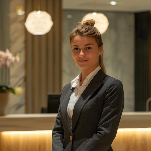 Photo elegant receptionist at the reception desk of a modern hotel