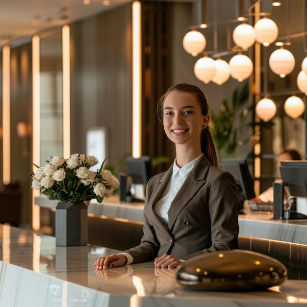 Photo elegant receptionist at the reception desk of a modern hotel