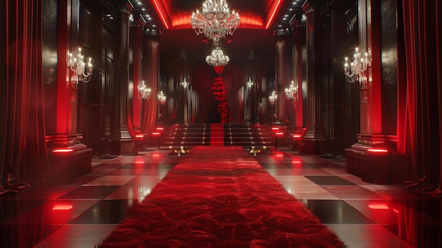 Elegant Red Carpeted Hallway with Chandeliers and Lights