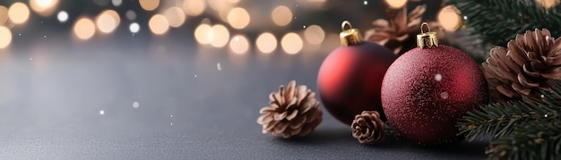 Elegant Red Christmas Ornaments on Snowy Pine Branches with Glittering Lights and Cones in Warm