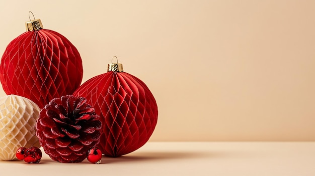 Elegant Red Christmas Paper Balls on Beige Background