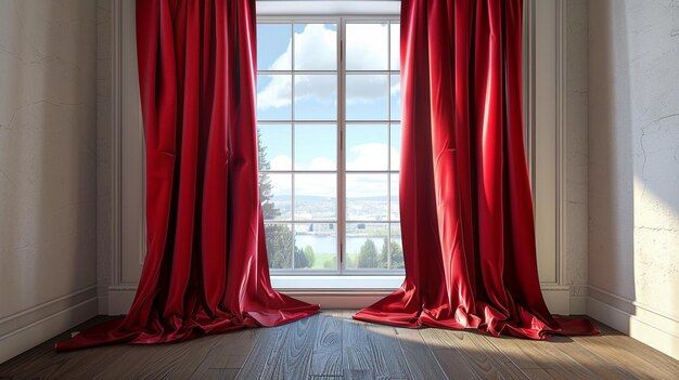 Elegant Red Curtains in Bright Minimalist Room with Large Window