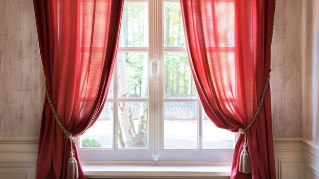 Elegant Red Curtains with Sunlight Through Window in Cozy Room