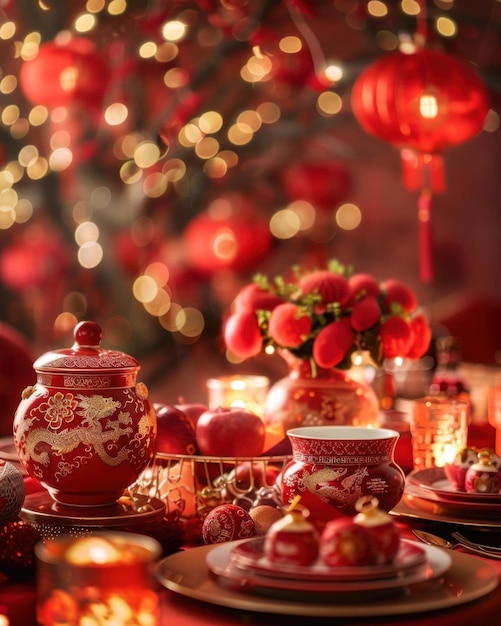 An elegant red and gold Lunar New Year dinner setup featuring traditional decor and festive elements