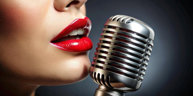 Photo elegant red lips and silver retro microphone on display