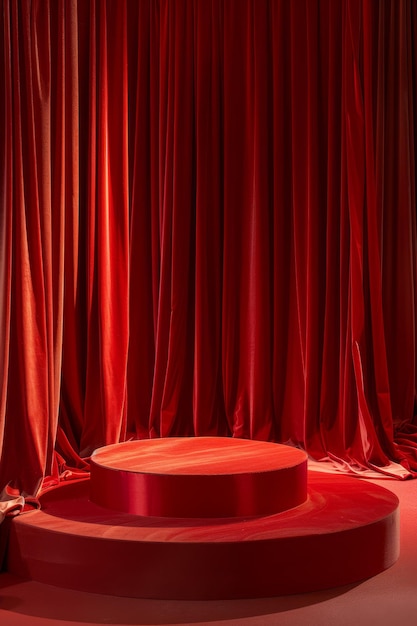 Elegant red podium draped with a velvet curtain perfect for premium product display in a refined