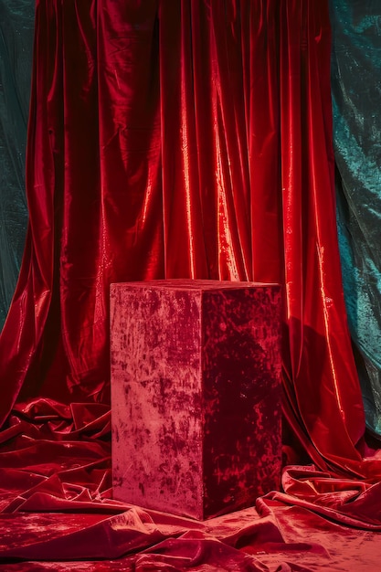 Elegant red podium draped with a velvet curtain perfect for premium product display in a refined