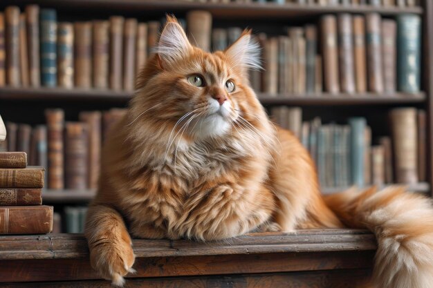 Elegant regal cat rests atop an antique mahogany bookshelf exuding timeless charm