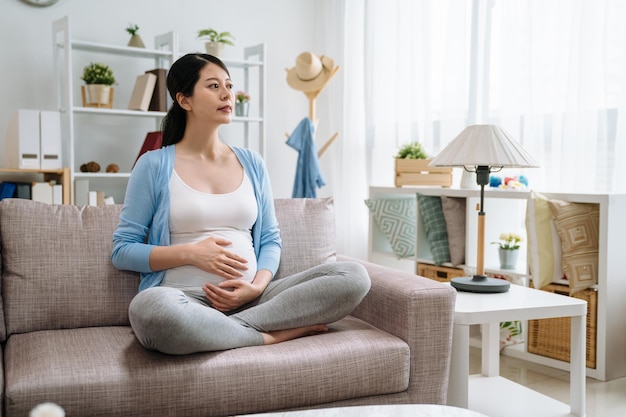 elegant relaxed asian young pregnant woman resting at home sitting on couch sofa. beautiful mom ready prepare for mother day happy having kid. chinese female people expectation lifestyle concept.