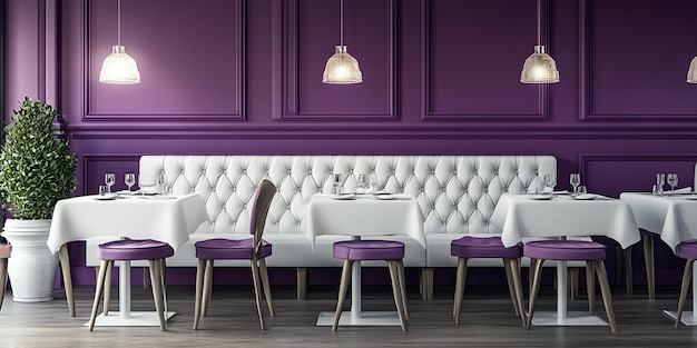 Photo elegant restaurant interior with purple banquettes