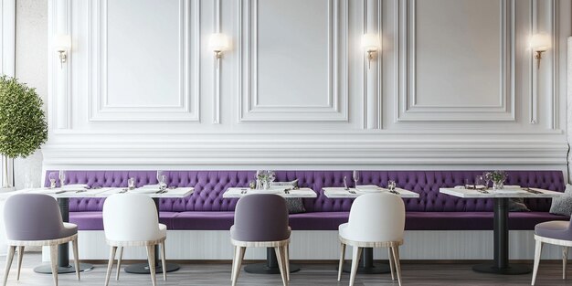 Photo elegant restaurant interior with purple banquettes