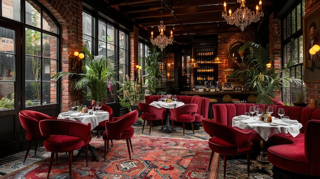 Photo elegant restaurant interior with red velvet chairs