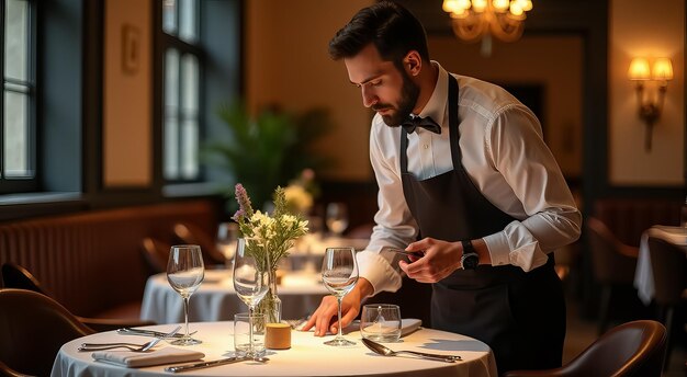 Elegant restaurant setting with a waiter preparing a table adorned with flowers and glassware during evening hours