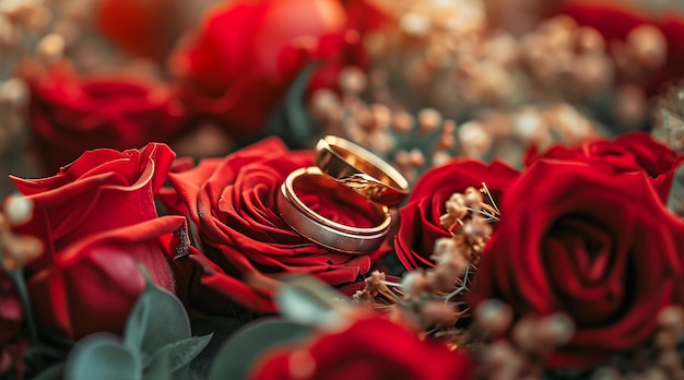 Elegant rings rest on rich red rose petals