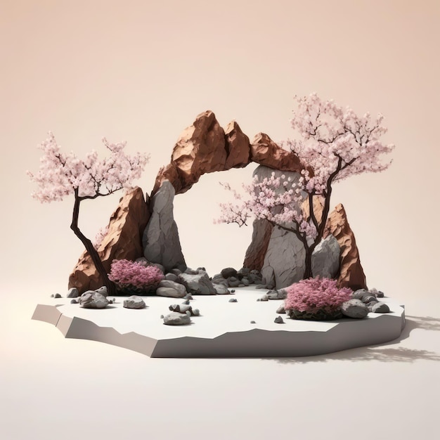 Elegant rock garden with cherry blossom trees minimalist mockup for podium display or showcase AI generation