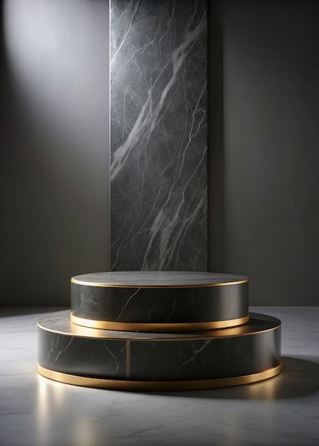 Photo elegant round podium for product display with marble and gold accents in modern minimalist setting