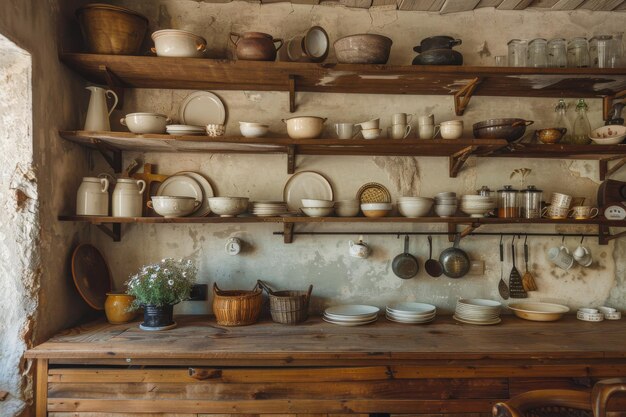 Elegant Rustic Kitchen with Open Shelves and Warm Vintage Crockery Collection