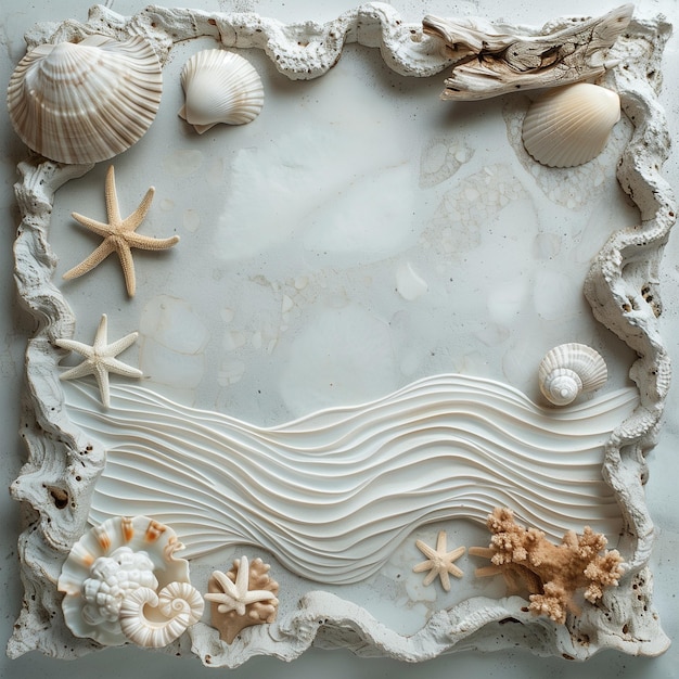 Elegant sand and seashell arrangement with organic waves flat lay background