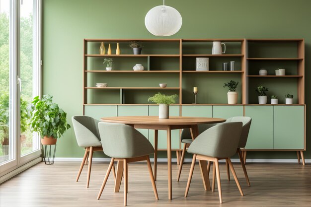 Elegant scandinavian living room mint chairs round table green wall sofa cabinet