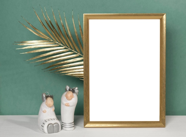 Elegant scene mockup with golden palm branch and empty frame for photo, print, painting, artwork presentation, decoration.