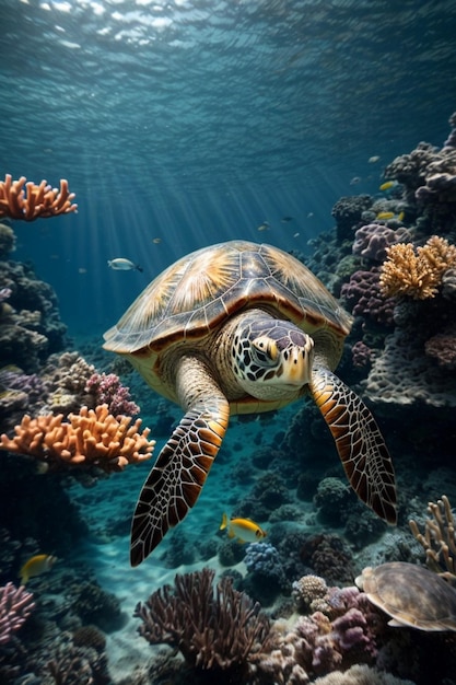 An elegant sea turtle swimming undersea among coral