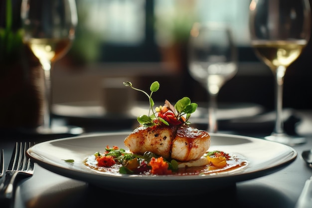 Photo elegant seafood dish served at a fine dining restaurant with glasses of white wine in the background