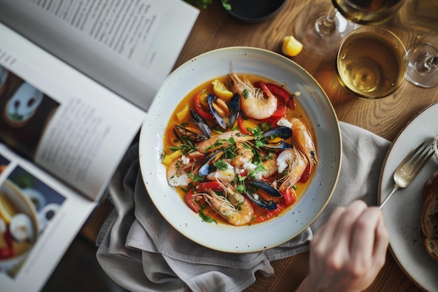 Photo elegant seafood recipe layout in modern cookbook spread with realistic food imagery for culinary inspiration