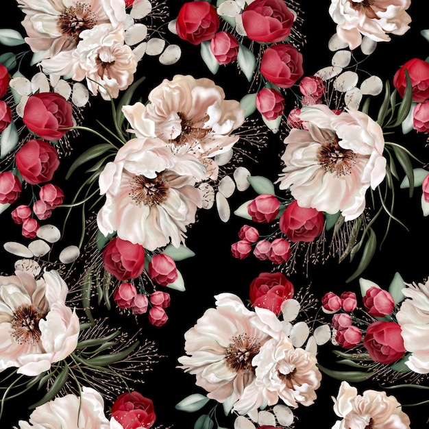 Elegant seamless pattern with peonies roses and eucalyptus leaves