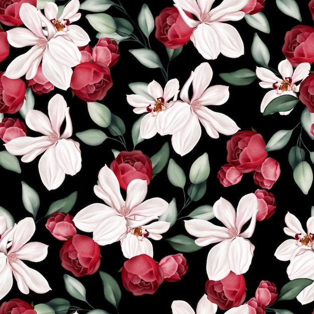 Elegant seamless pattern with peonies roses and eucalyptus leaves