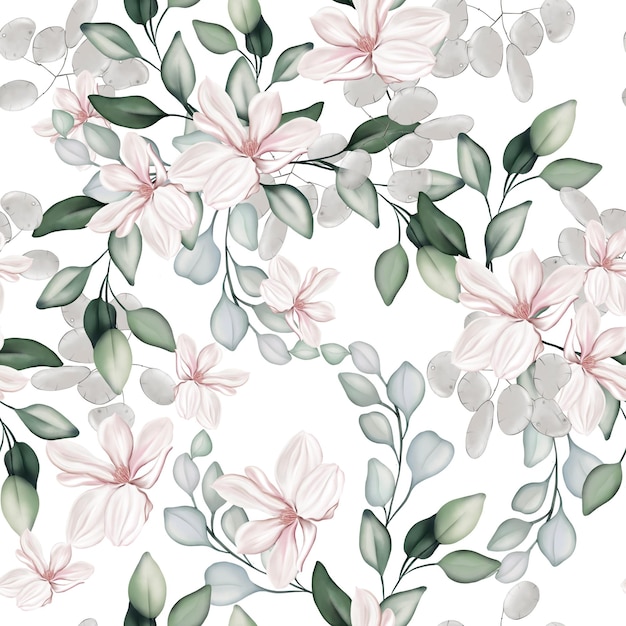 Elegant seamless pattern with peonies roses and eucalyptus leaves