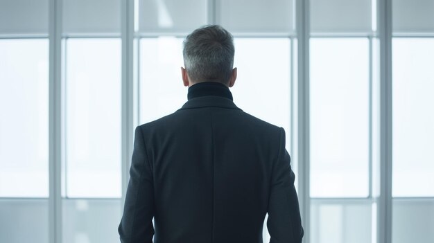 Elegant Senior Manager Contemplating Business Strategy by Office Window