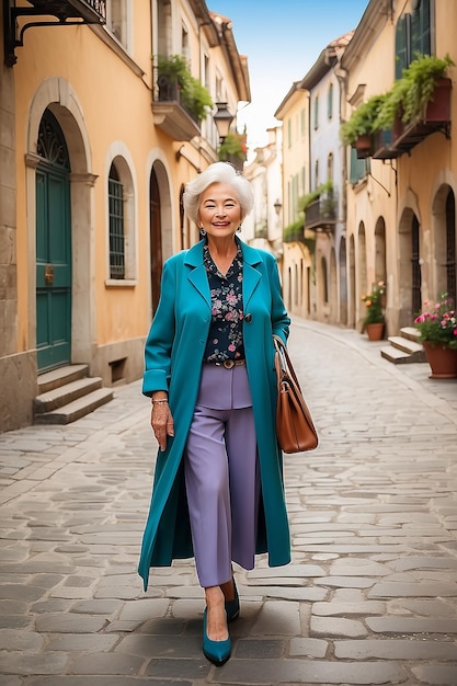 Photo elegant senior woman strolling in beautiful historical city area