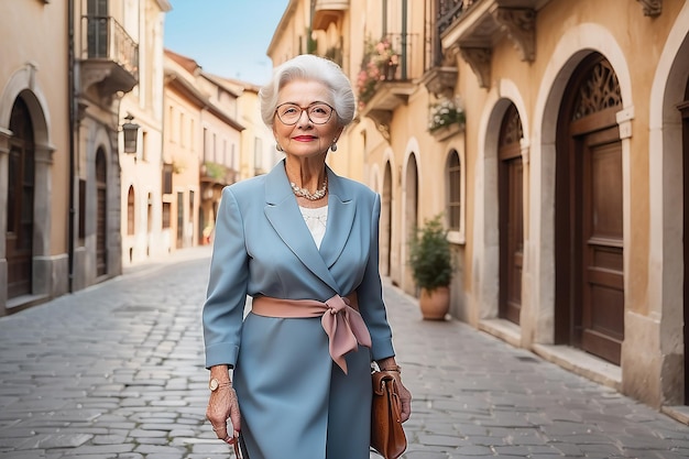 Photo elegant senior woman strolling in beautiful historical city area