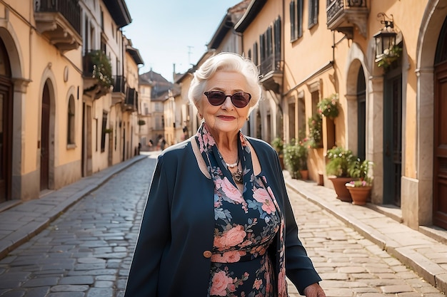 Elegant Senior Woman Strolling in Beautiful Historical City Area