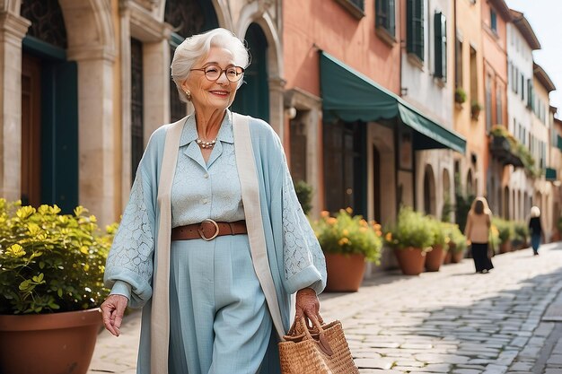 Photo elegant senior woman strolling in beautiful historical city area