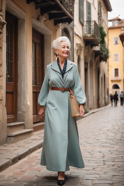 Photo elegant senior woman strolling in beautiful historical city area