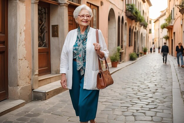 Photo elegant senior woman strolling in beautiful historical city area