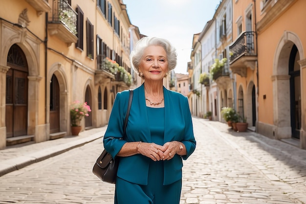 Elegant Senior Woman Strolling in Beautiful Historical City Area